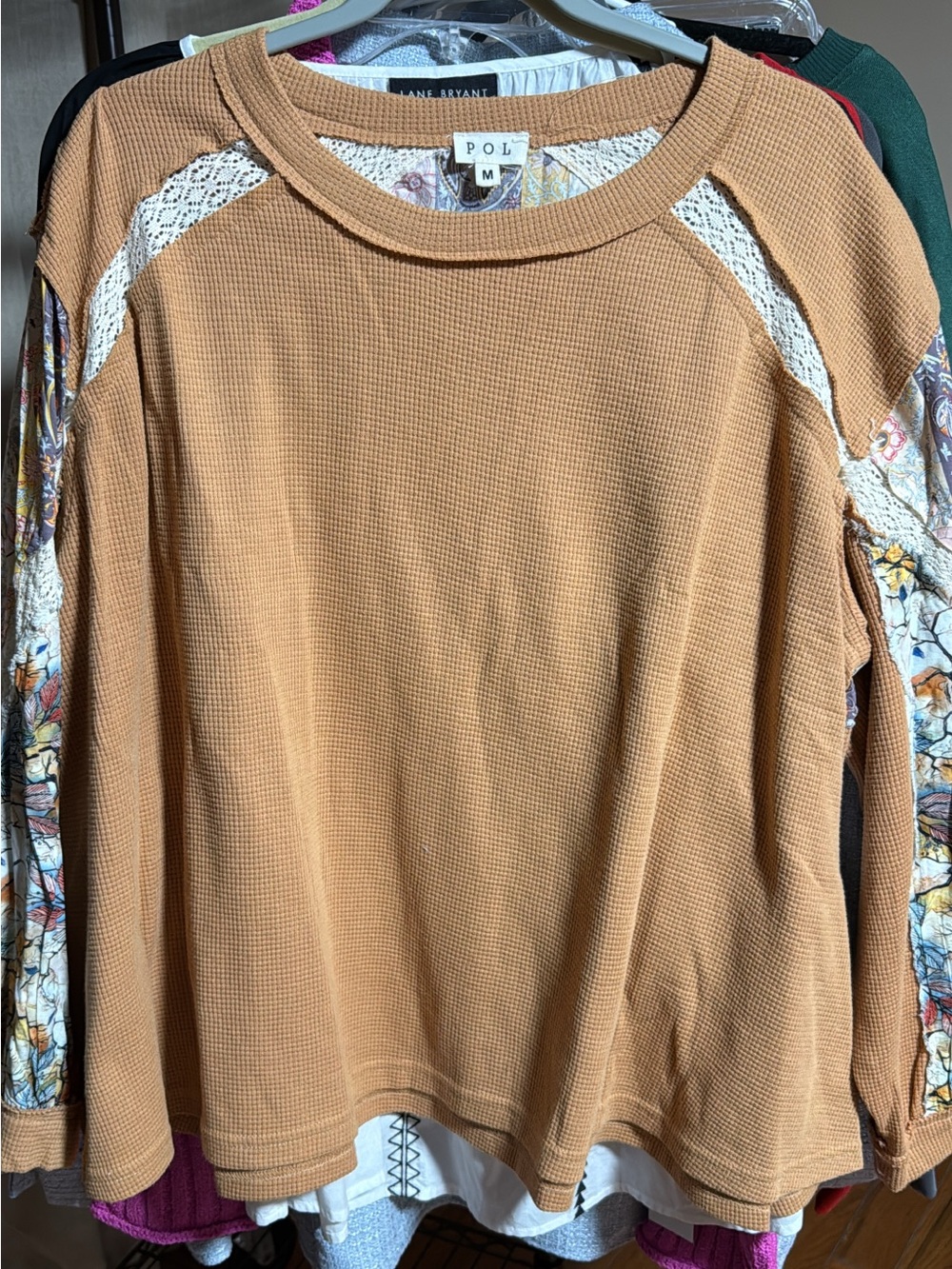POL waffle knit top in camel with floral print sleeves